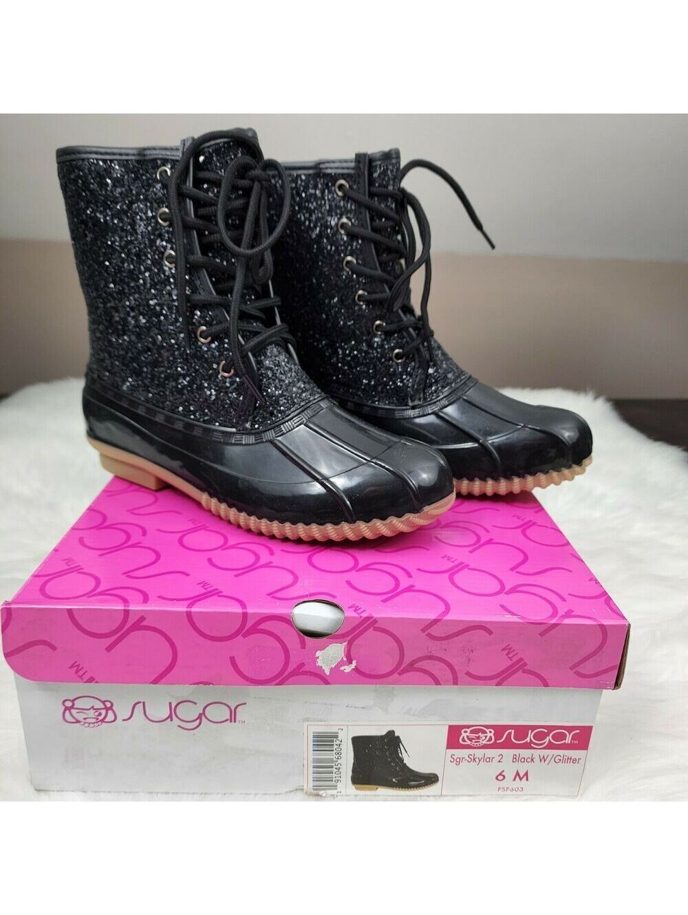 Sugar Glitter Rain Boots Women's  Size 6 Black Duck Rubber